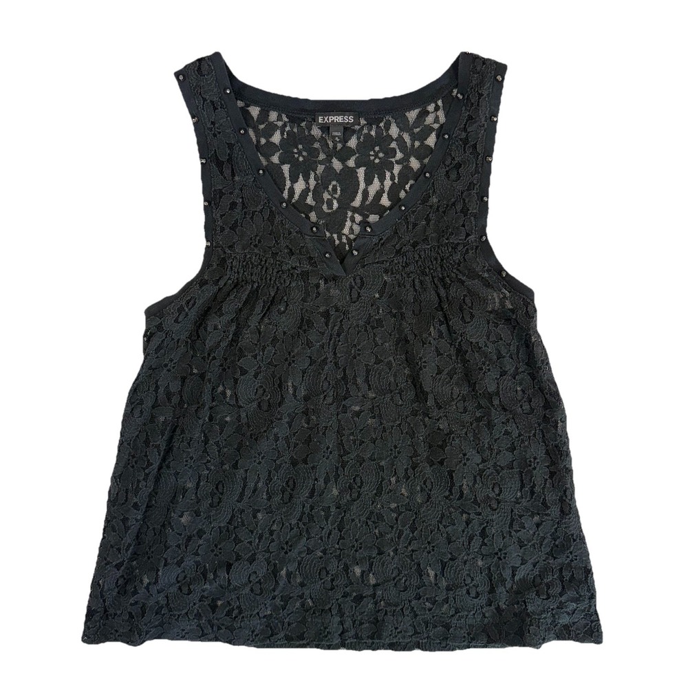 Black Lace Sheer Top Floral Studded Sleeveless Whimsigoth Fairy Womens M Express - Picture 4 of 10